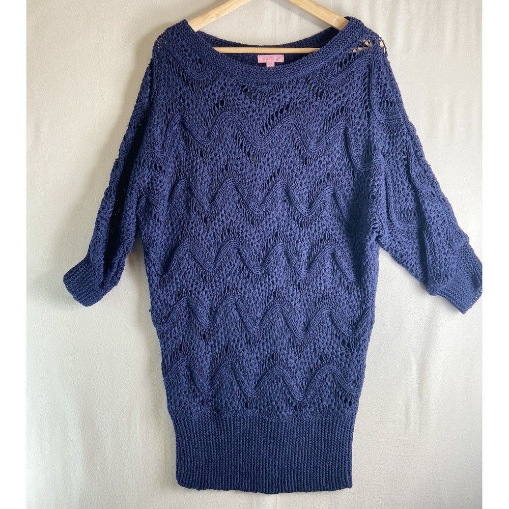 Lilly Pulitzer Open Knit Sweater M/L  Blue Boat Neck 3/4 Sleeve Resort Coastal